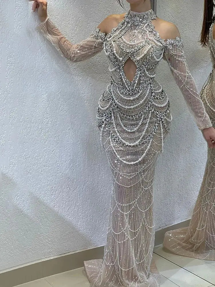 Vestidos de noche árabes de lujo de Dubái 2025 para mujer, vestido color piel con abertura frontal para bodas y fiestas LA72607 