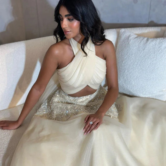 Vestidos de noche de lujo con cuello halter, corte A, estilo árabe de Dubái, color beige, para mujer, para boda, fiesta, 2025, LA72278 
