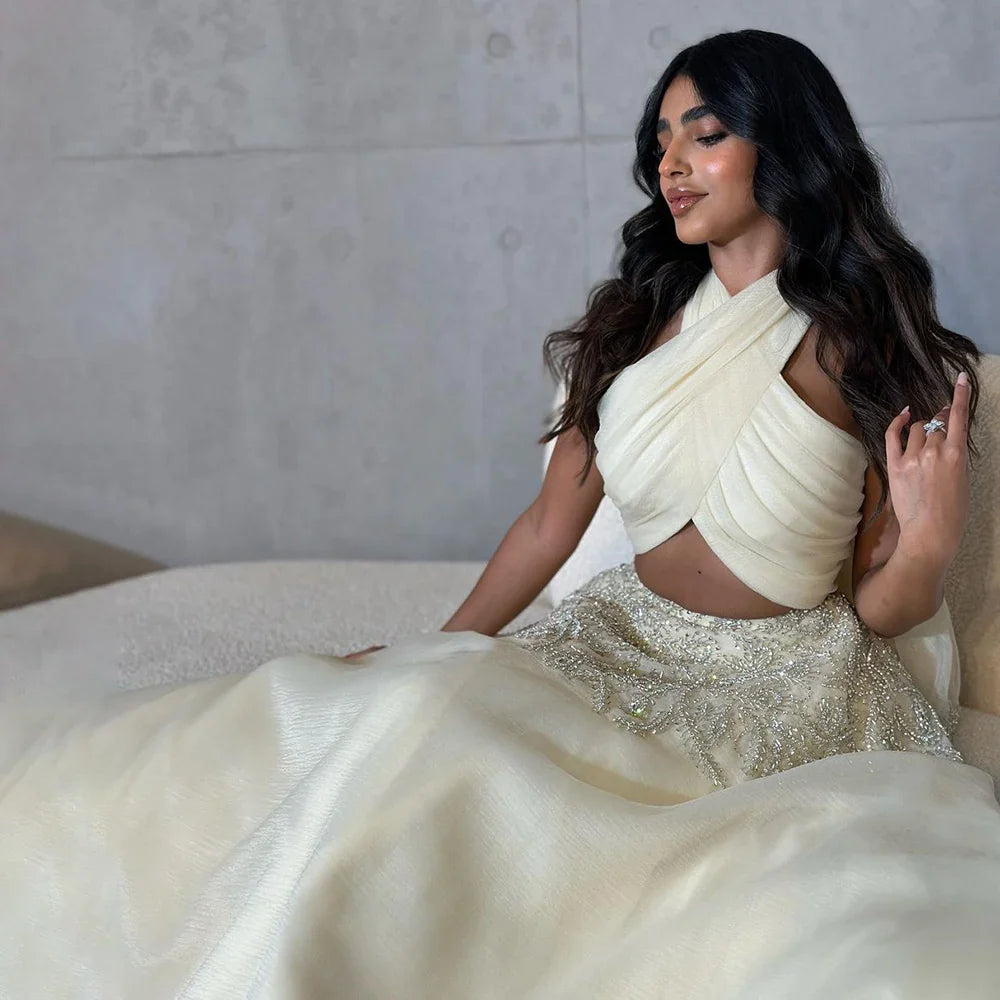 Vestidos de noche de lujo con cuello halter, corte A, estilo árabe de Dubái, color beige, para mujer, para boda, fiesta, 2025, LA72278 