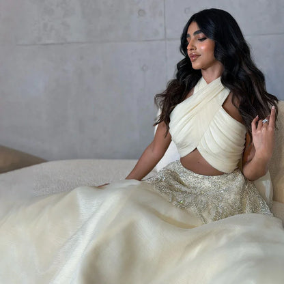 Vestidos de noche de lujo con cuello halter, corte A, estilo árabe de Dubái, color beige, para mujer, para boda, fiesta, 2025, LA72278 
