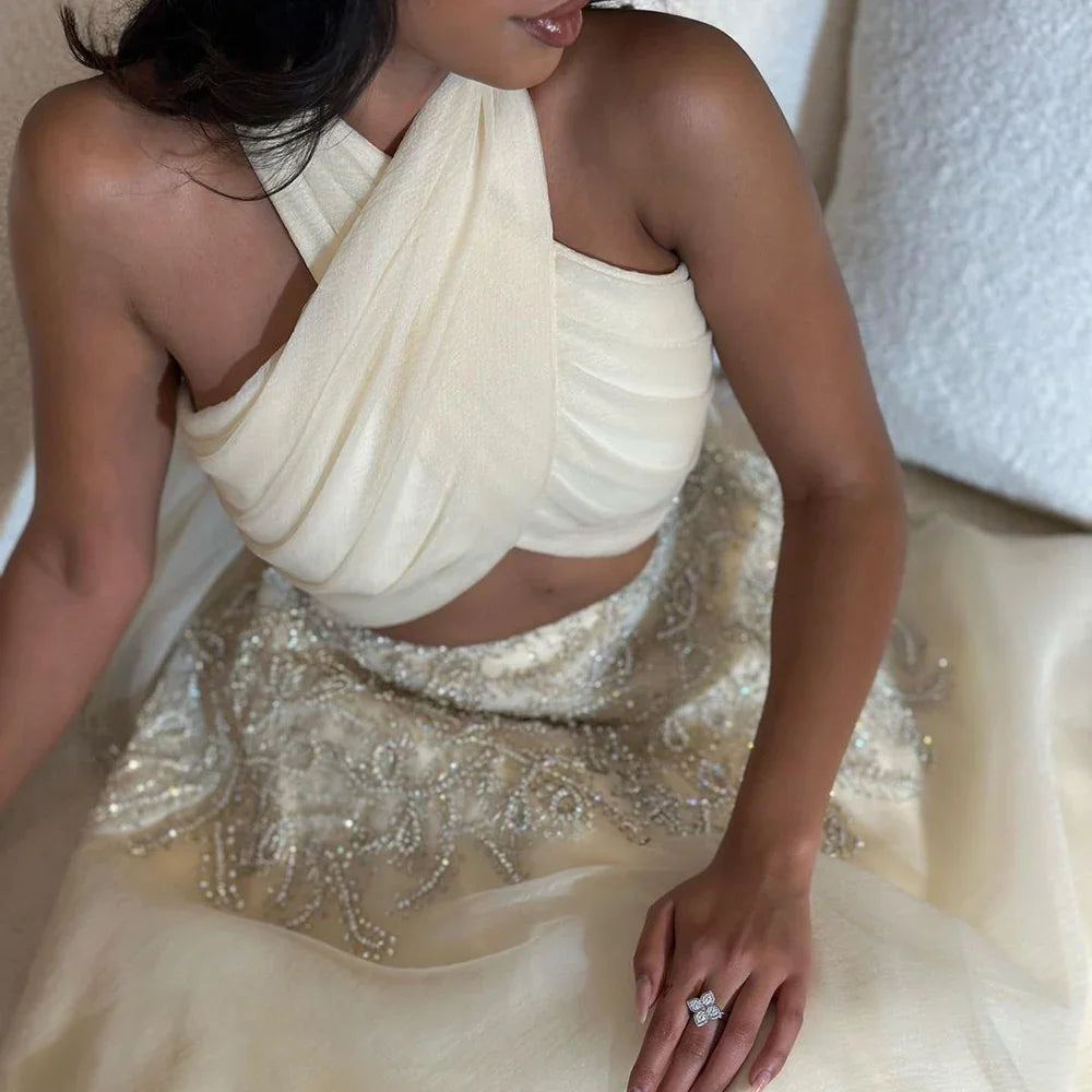 Vestidos de noche de lujo con cuello halter, corte A, estilo árabe de Dubái, color beige, para mujer, para boda, fiesta, 2025, LA72278 