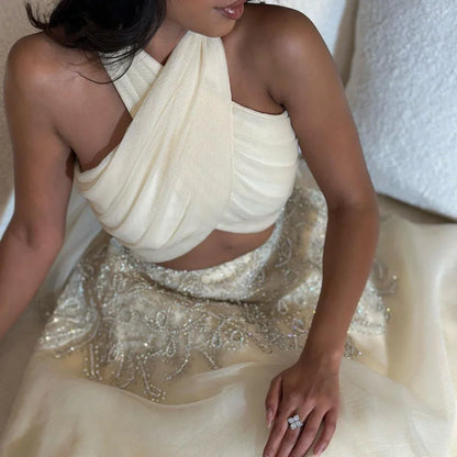 Vestidos de noche de lujo con cuello halter, corte A, estilo árabe de Dubái, color beige, para mujer, para boda, fiesta, 2025, LA72278 