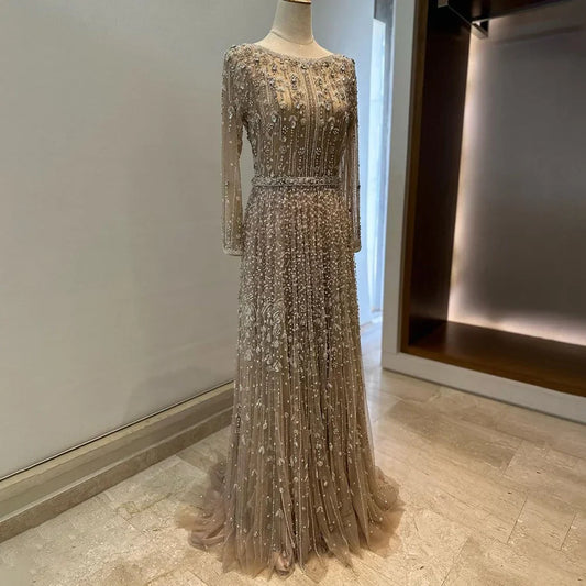 Vestidos de noche de lujo de diseñador árabe de Dubái, color nude, corte A, con cuentas, para mujer, para boda, fiesta, 2025, LA72088 