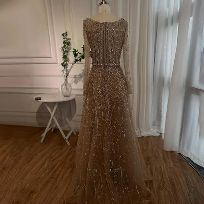 Vestidos de noche de lujo de diseñador árabe de Dubái, color nude, corte A, con cuentas, para mujer, para boda, fiesta, 2025, LA72088 