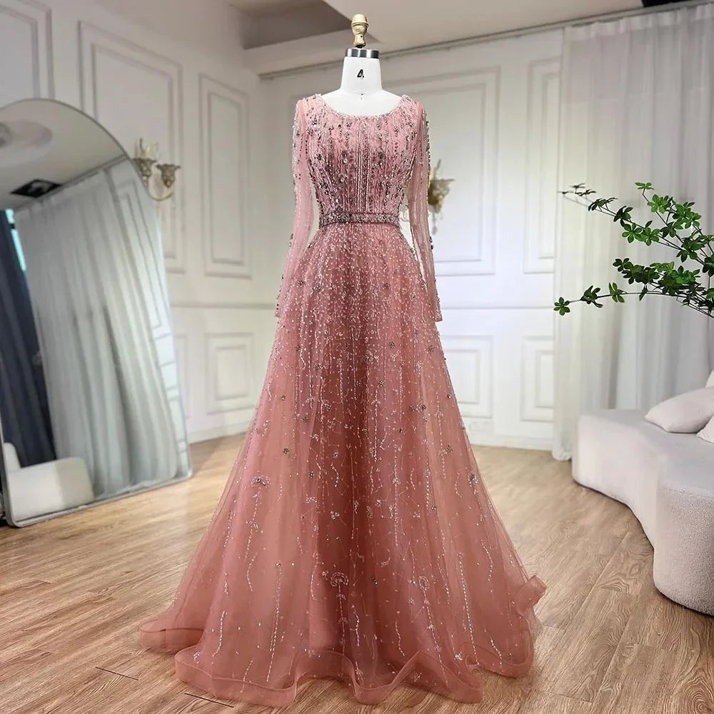 Vestidos de noche de lujo de diseñador árabe de Dubái, color nude, corte A, con cuentas, para mujer, para boda, fiesta, 2025, LA72088 