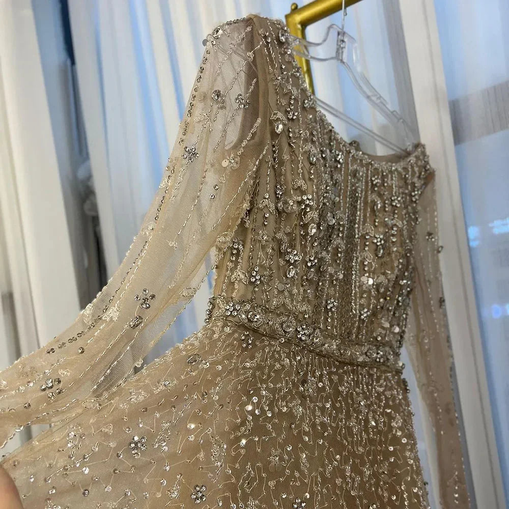 Vestidos de noche de lujo de diseñador árabe de Dubái, color nude, corte A, con cuentas, para mujer, para boda, fiesta, 2025, LA72088 