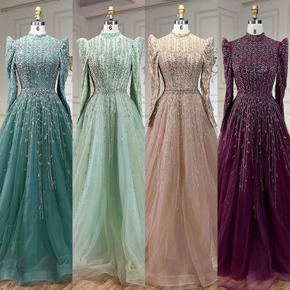 Vestidos de noche de lujo verde salvia de diseñador árabe de Dubái con cuentas, corte A, para mujer, para boda, fiesta, 2025, LA72342 