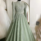 Vestidos de noche de lujo verde salvia de diseñador árabe de Dubái con cuentas, corte A, para mujer, para boda, fiesta, 2025, LA72342 