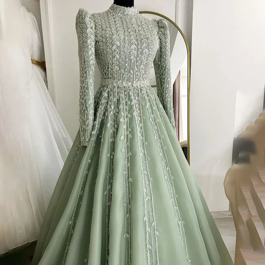 Vestidos de noche de lujo verde salvia de diseñador árabe de Dubái con cuentas, corte A, para mujer, para boda, fiesta, 2025, LA72342 