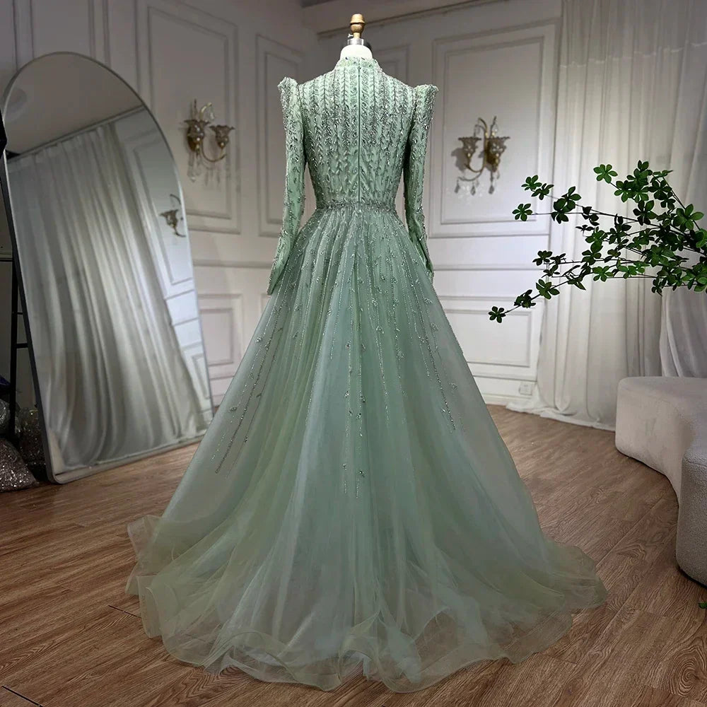 Vestidos de noche de lujo verde salvia de diseñador árabe de Dubái con cuentas, corte A, para mujer, para boda, fiesta, 2025, LA72342 