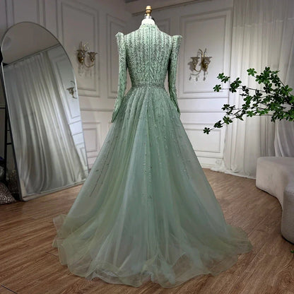 Vestidos de noche de lujo verde salvia de diseñador árabe de Dubái con cuentas, corte A, para mujer, para boda, fiesta, 2025, LA72342 