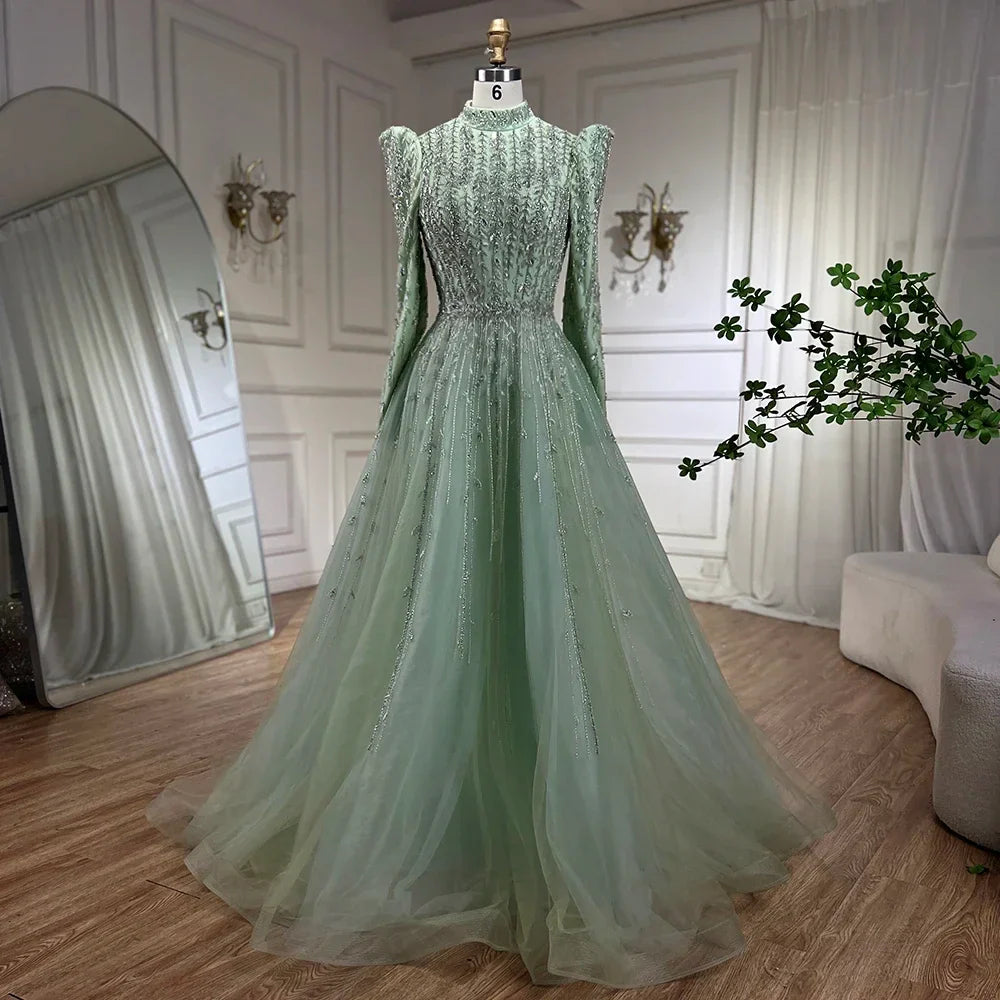 Vestidos de noche de lujo verde salvia de diseñador árabe de Dubái con cuentas, corte A, para mujer, para boda, fiesta, 2025, LA72342 