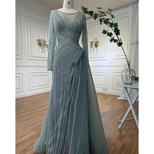 Vestidos de noche de sirena turquesa de lujo con cuentas, de diseñador árabe de Dubái, para mujer, para fiesta de bodas 2025 LA72124 