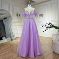 Vestido de noche elegante de Dubái con plumas lilas y cuentas, corte A, estilo árabe, 2025, vestido de lujo para mujer, vestido de fiesta largo LA72326 