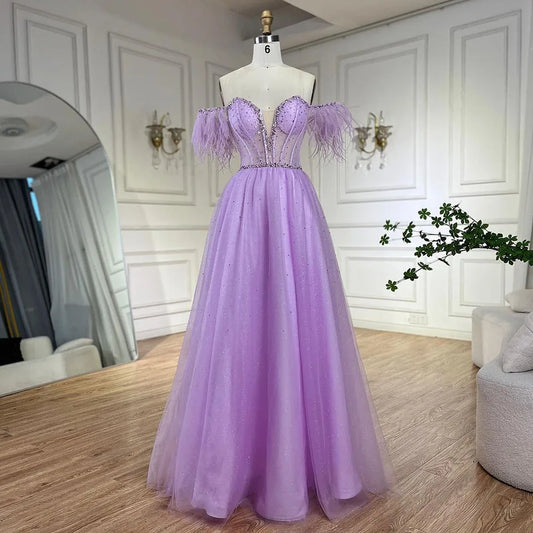 Vestido de noche elegante de Dubái con plumas lilas y cuentas, corte A, estilo árabe, 2025, vestido de lujo para mujer, vestido de fiesta largo LA72326 