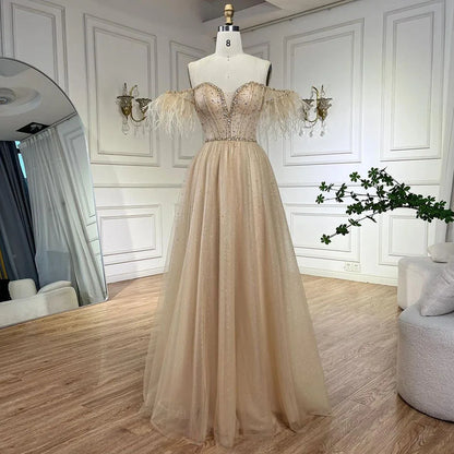Vestido de noche elegante de Dubái con plumas lilas y cuentas, corte A, estilo árabe, 2025, vestido de lujo para mujer, vestido de fiesta largo LA72326 
