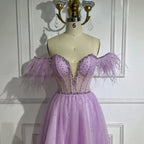 Vestido de noche elegante de Dubái con plumas lilas y cuentas, corte A, estilo árabe, 2025, vestido de lujo para mujer, vestido de fiesta largo LA72326 