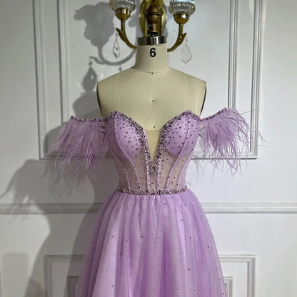 Vestido de noche elegante de Dubái con plumas lilas y cuentas, corte A, estilo árabe, 2025, vestido de lujo para mujer, vestido de fiesta largo LA72326 
