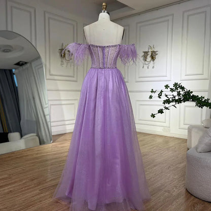 Vestido de noche elegante de Dubái con plumas lilas y cuentas, corte A, estilo árabe, 2025, vestido de lujo para mujer, vestido de fiesta largo LA72326 