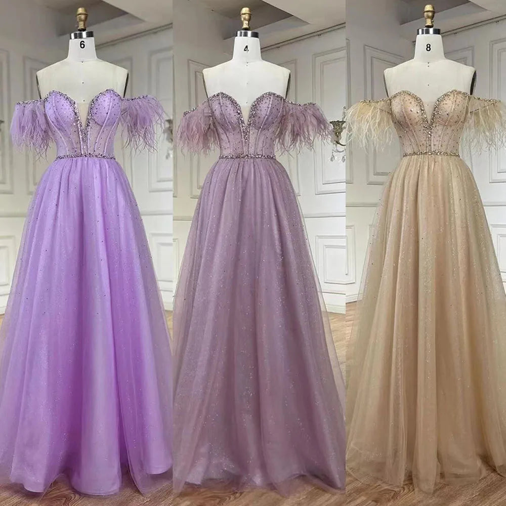 Vestido de noche elegante de Dubái con plumas lilas y cuentas, corte A, estilo árabe, 2025, vestido de lujo para mujer, vestido de fiesta largo LA72326 
