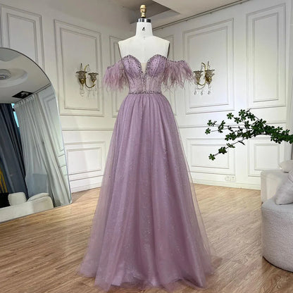 Vestido de noche elegante de Dubái con plumas lilas y cuentas, corte A, estilo árabe, 2025, vestido de lujo para mujer, vestido de fiesta largo LA72326 