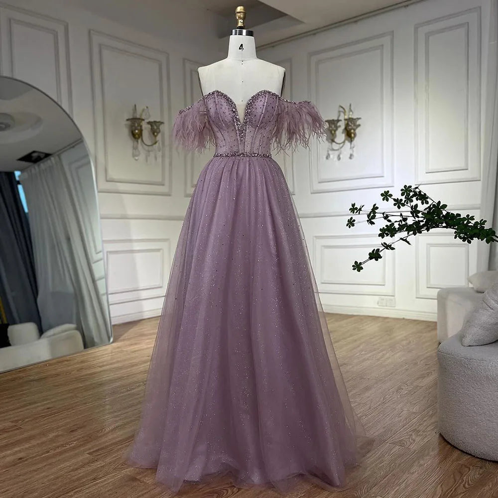 Vestido de noche elegante de Dubái con plumas lilas y cuentas, corte A, estilo árabe, 2025, vestido de lujo para mujer, vestido de fiesta largo LA72326 