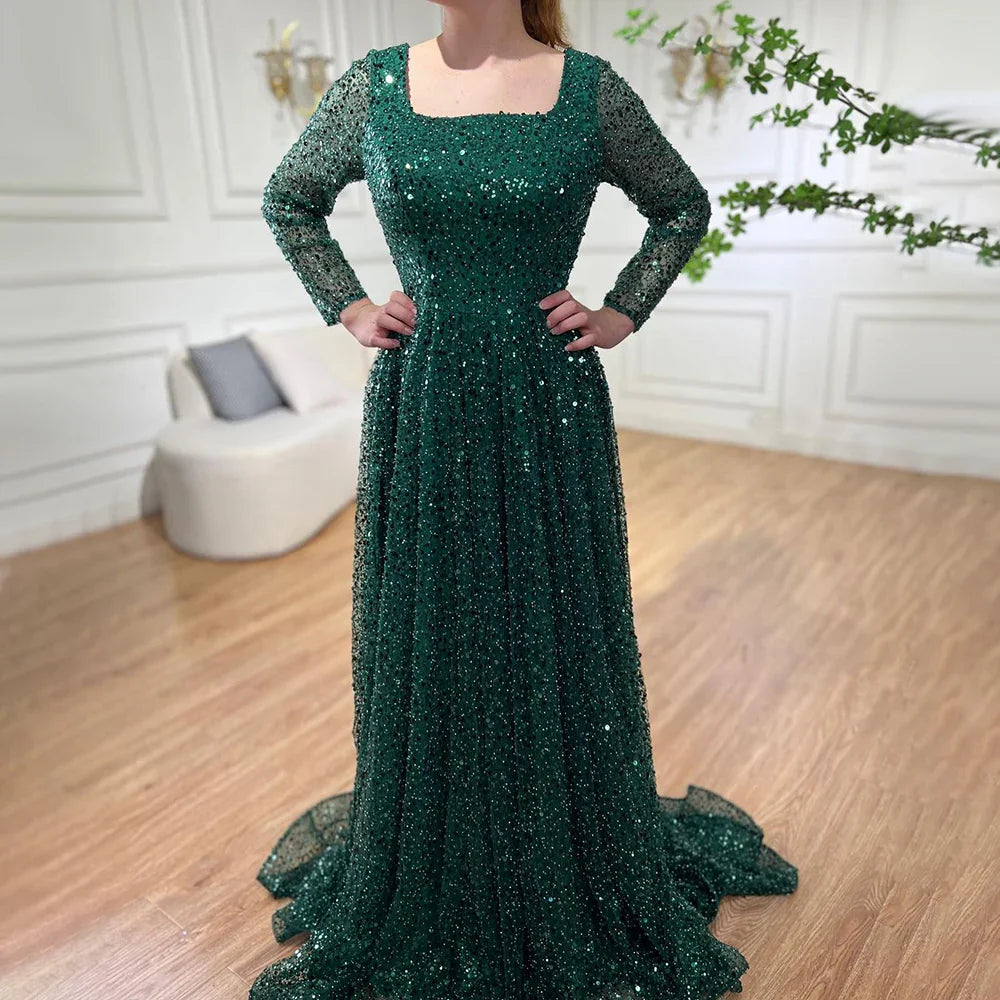 Vestidos de noche de lujo de corte A, estilo árabe de Dubái, color verde, con cuentas y manga larga para mujer, para boda o fiesta 2025 LA70271 
