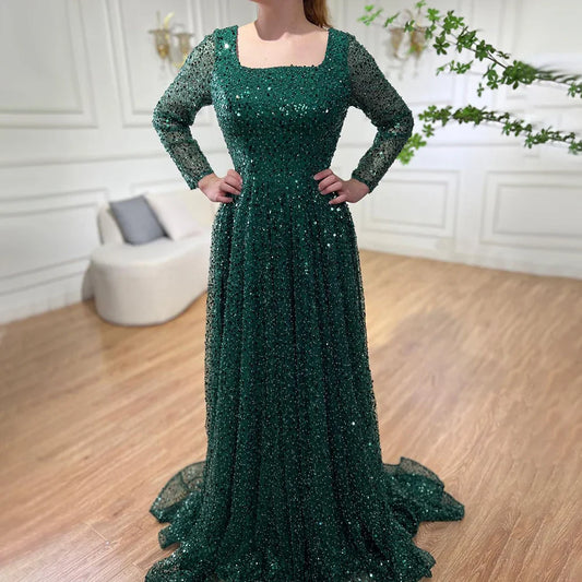 Vestidos de noche de lujo de corte A, estilo árabe de Dubái, color verde, con cuentas y manga larga para mujer, para boda o fiesta 2025 LA70271 