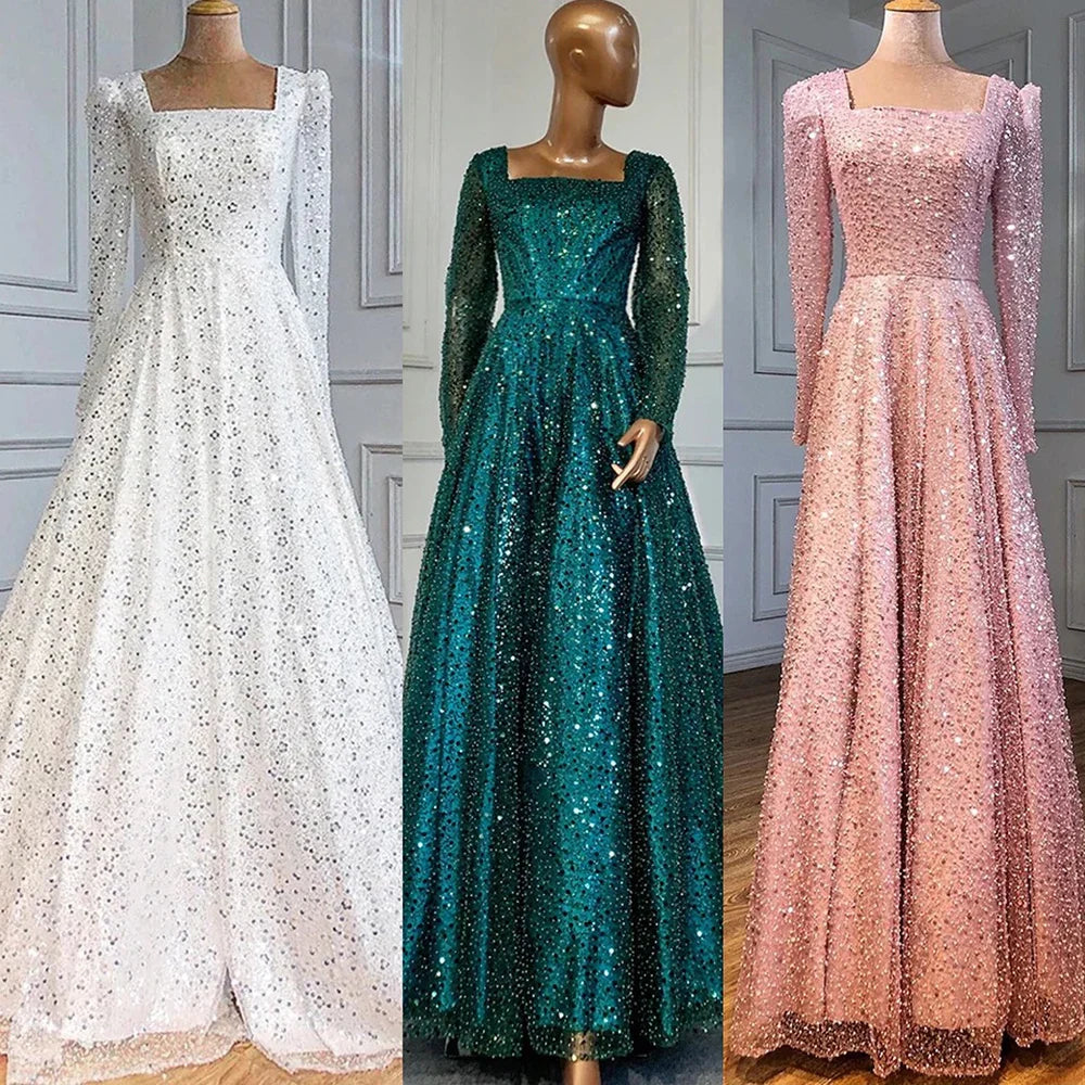 Vestidos de noche de lujo de corte A, estilo árabe de Dubái, color verde, con cuentas y manga larga para mujer, para boda o fiesta 2025 LA70271 