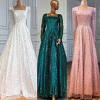 Vestidos de noche de lujo de corte A, estilo árabe de Dubái, color verde, con cuentas y manga larga para mujer, para boda o fiesta 2025 LA70271 