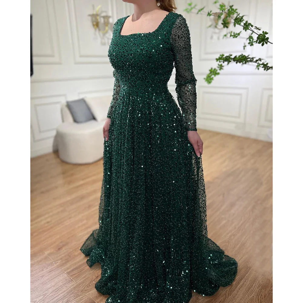 Vestidos de noche de lujo de corte A, estilo árabe de Dubái, color verde, con cuentas y manga larga para mujer, para boda o fiesta 2025 LA70271 