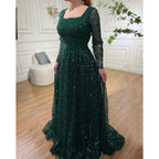 Vestidos de noche de lujo de corte A, estilo árabe de Dubái, color verde, con cuentas y manga larga para mujer, para boda o fiesta 2025 LA70271 