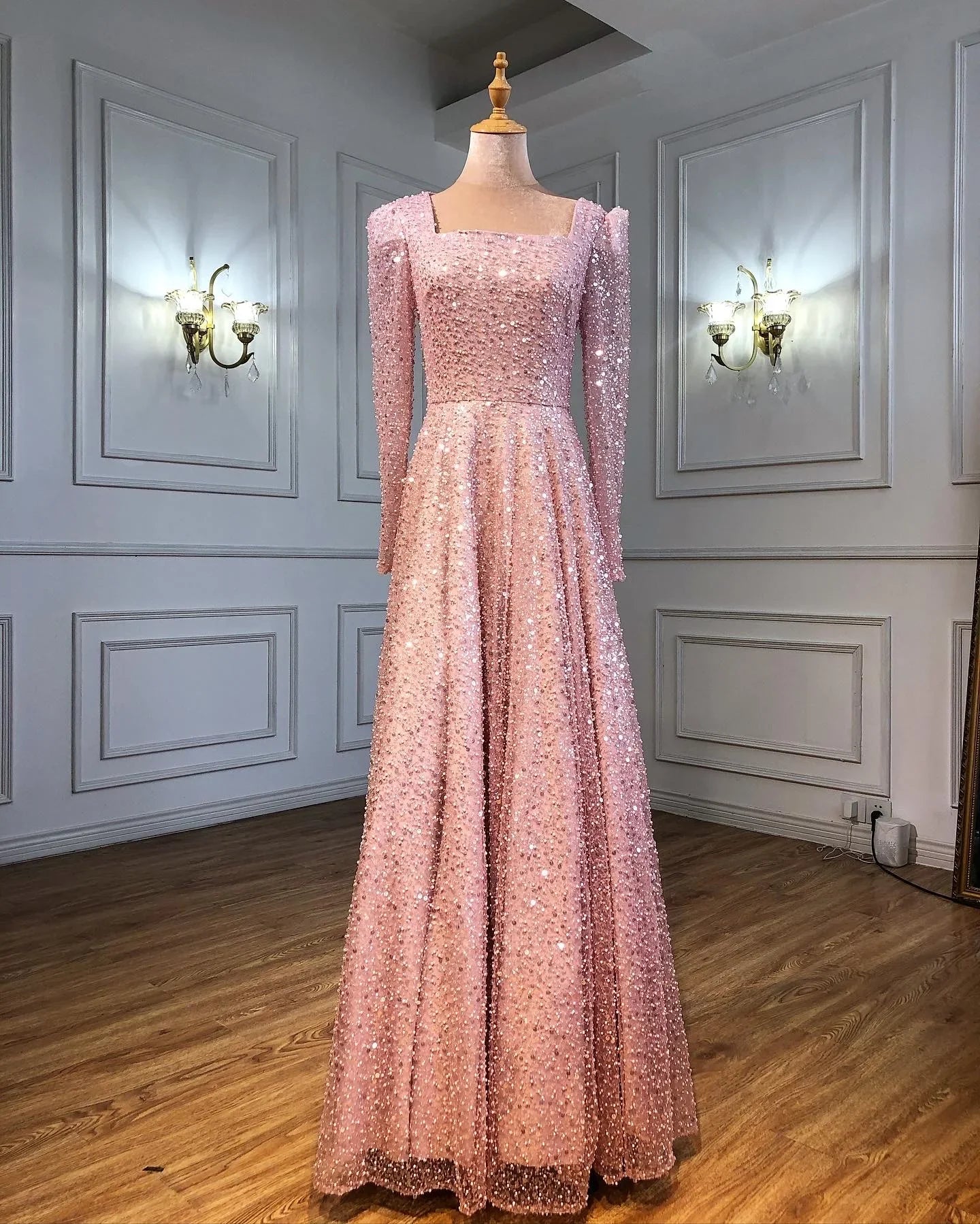 Vestidos de noche de lujo de corte A, estilo árabe de Dubái, color verde, con cuentas y manga larga para mujer, para boda o fiesta 2025 LA70271 