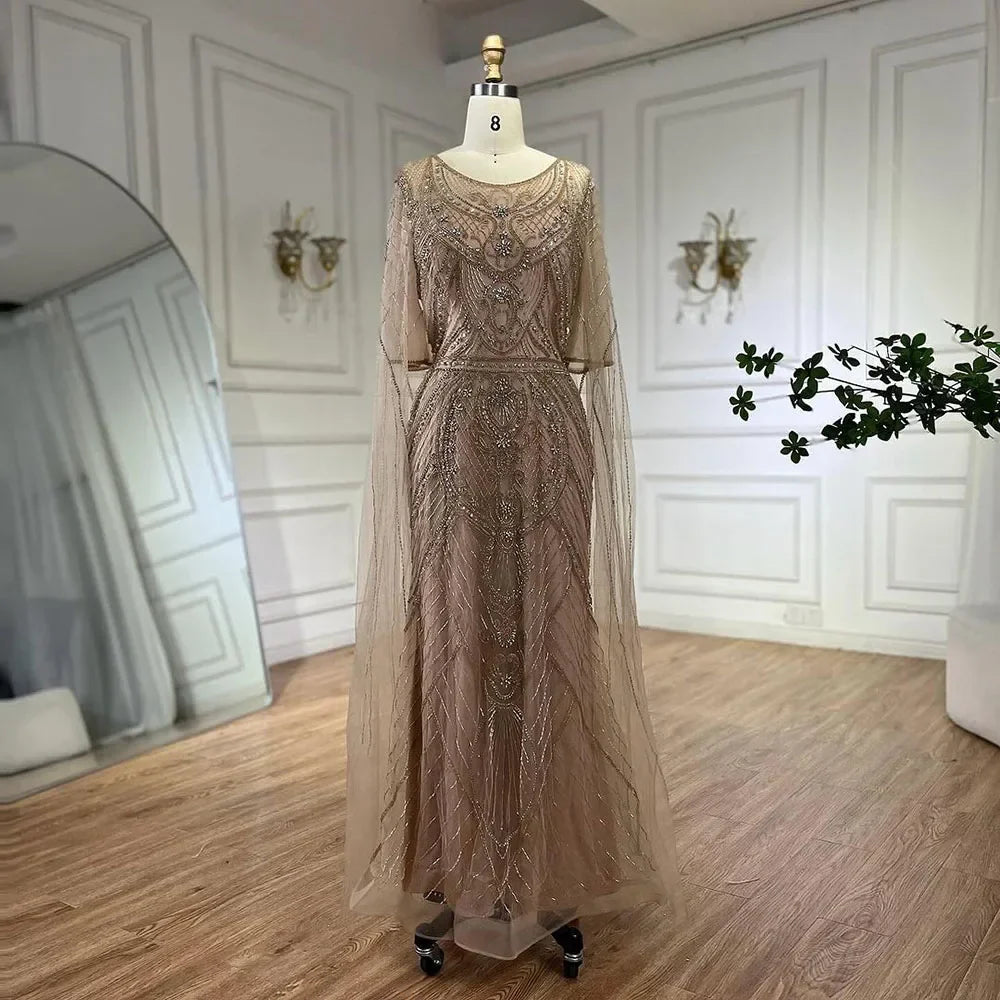 Vestido de noche estilo sirena verde árabe de Dubái con elegantes mangas de capa con cuentas de lujo para mujer, fiesta 2025 LA72562 