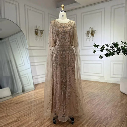 Vestido de noche estilo sirena verde árabe de Dubái con elegantes mangas de capa con cuentas de lujo para mujer, fiesta 2025 LA72562 