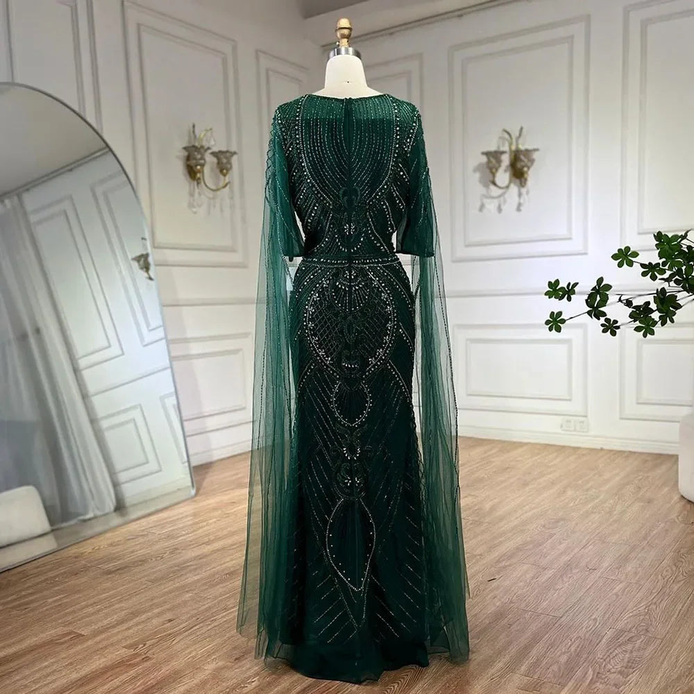 Vestido de noche estilo sirena verde árabe de Dubái con elegantes mangas de capa con cuentas de lujo para mujer, fiesta 2025 LA72562 
