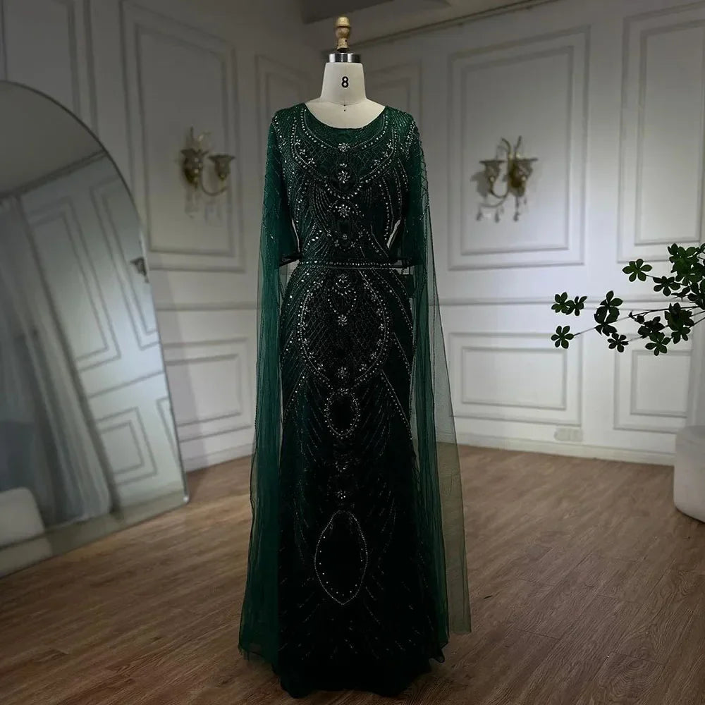 Vestido de noche estilo sirena verde árabe de Dubái con elegantes mangas de capa con cuentas de lujo para mujer, fiesta 2025 LA72562 