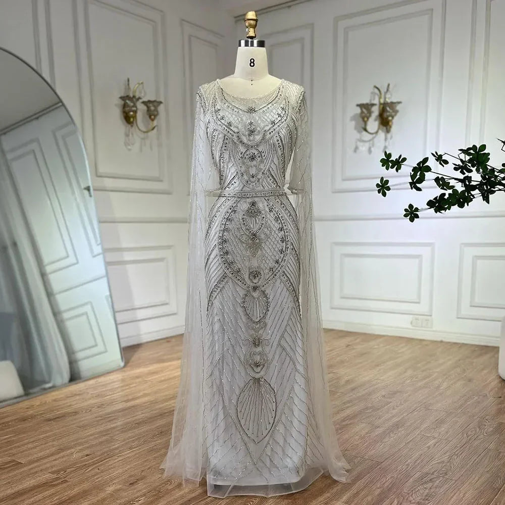 Vestido de noche estilo sirena verde árabe de Dubái con elegantes mangas de capa con cuentas de lujo para mujer, fiesta 2025 LA72562 