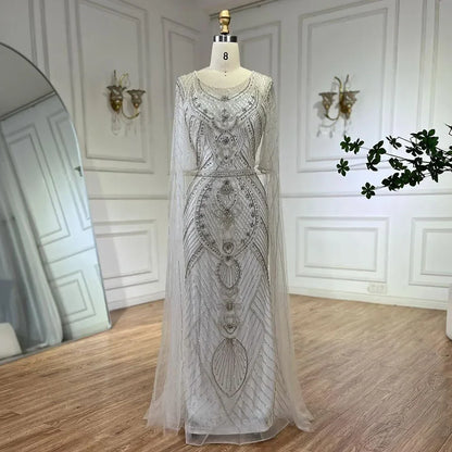 Vestido de noche estilo sirena verde árabe de Dubái con elegantes mangas de capa con cuentas de lujo para mujer, fiesta 2025 LA72562 