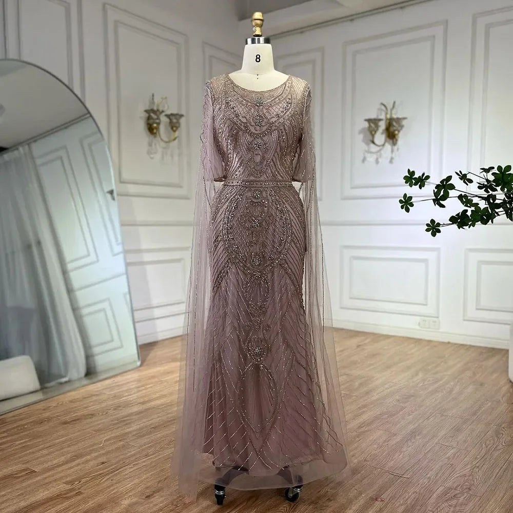Vestido de noche estilo sirena verde árabe de Dubái con elegantes mangas de capa con cuentas de lujo para mujer, fiesta 2025 LA72562 