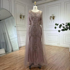 Vestido de noche estilo sirena verde árabe de Dubái con elegantes mangas de capa con cuentas de lujo para mujer, fiesta 2025 LA72562 
