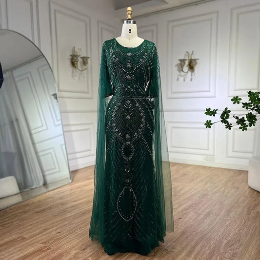 Vestido de noche estilo sirena verde árabe de Dubái con elegantes mangas de capa con cuentas de lujo para mujer, fiesta 2025 LA72562 
