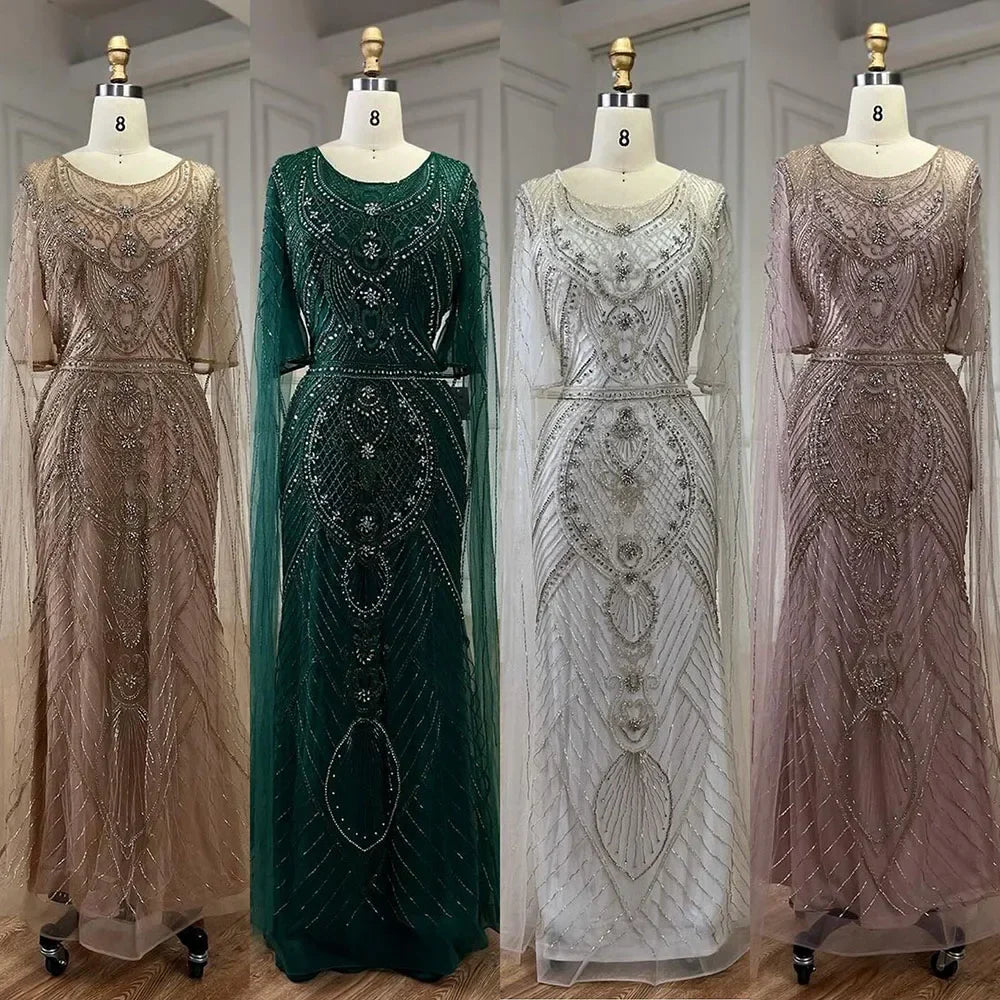 Vestido de noche estilo sirena verde árabe de Dubái con elegantes mangas de capa con cuentas de lujo para mujer, fiesta 2025 LA72562 