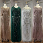 Vestido de noche estilo sirena verde árabe de Dubái con elegantes mangas de capa con cuentas de lujo para mujer, fiesta 2025 LA72562 