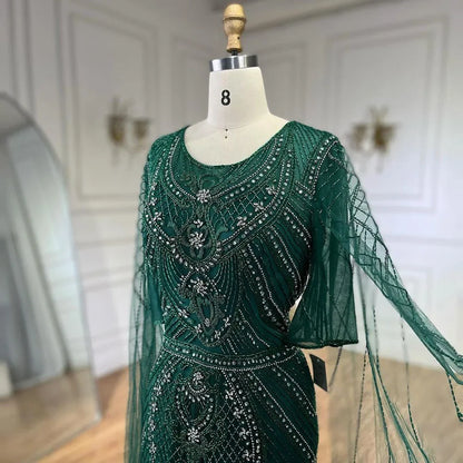 Vestido de noche estilo sirena verde árabe de Dubái con elegantes mangas de capa con cuentas de lujo para mujer, fiesta 2025 LA72562 