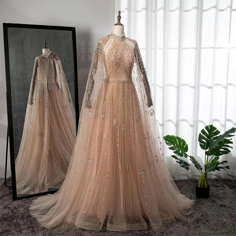 Luxury Evening Dress with Cape Sleeve Long LA71803