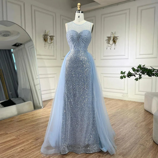 Vestido de noche elegante azul sirena árabe de Dubái con sobrefalda y cuentas para mujer, ideal para bodas 2025 LA72588 