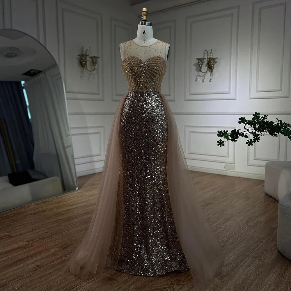 Vestido de noche elegante azul sirena árabe de Dubái con sobrefalda y cuentas para mujer, ideal para bodas 2025 LA72588 