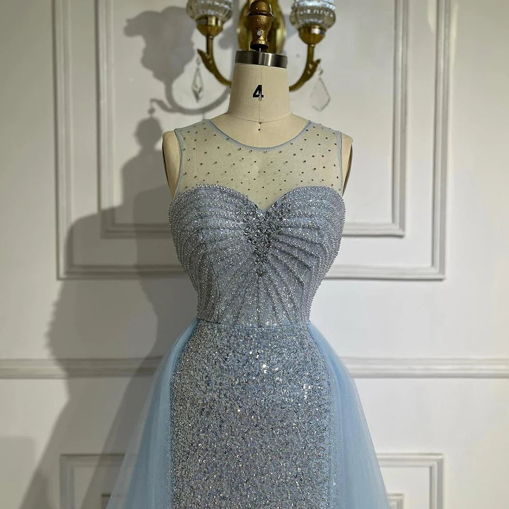 Vestido de noche elegante azul sirena árabe de Dubái con sobrefalda y cuentas para mujer, ideal para bodas 2025 LA72588 