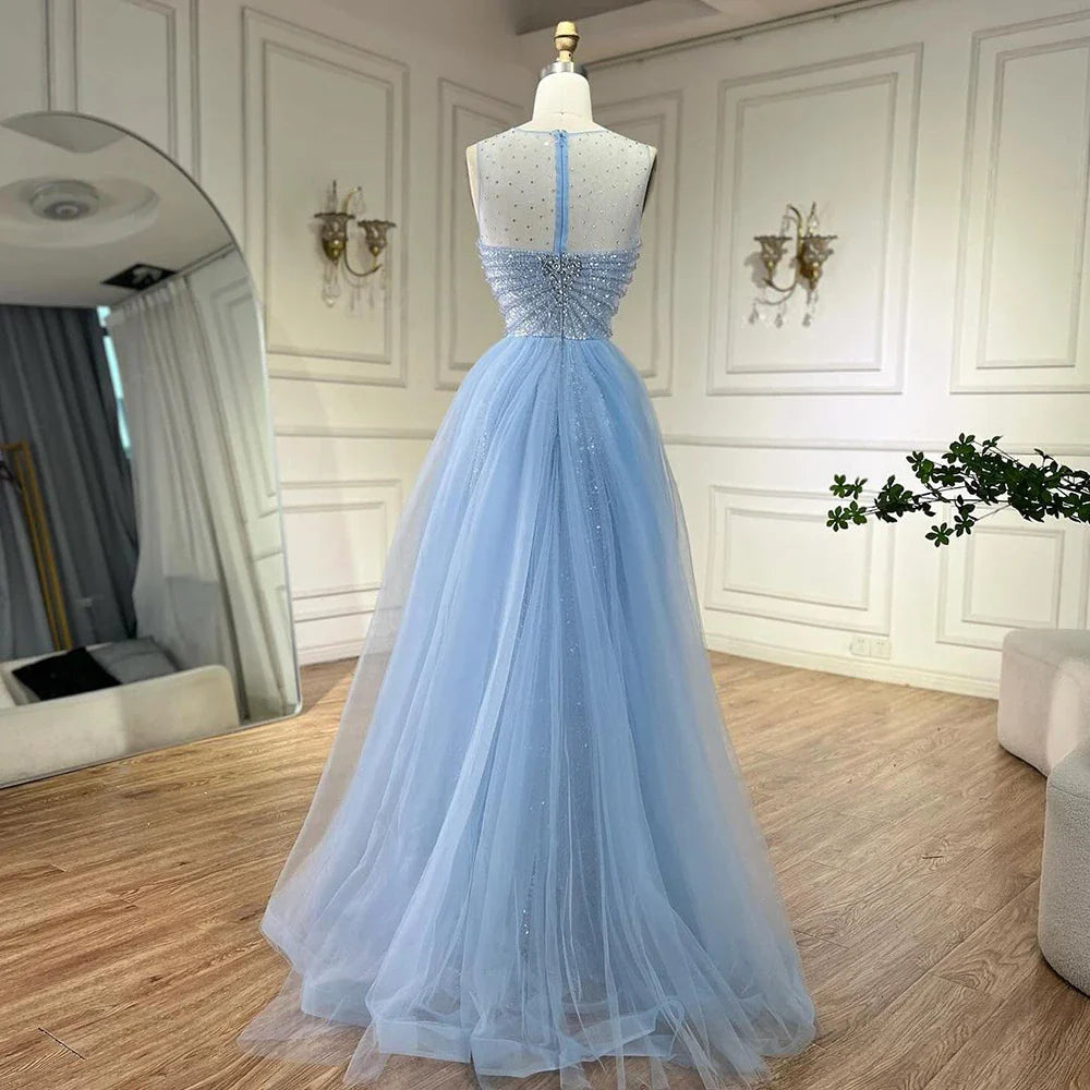 Vestido de noche elegante azul sirena árabe de Dubái con sobrefalda y cuentas para mujer, ideal para bodas 2025 LA72588 